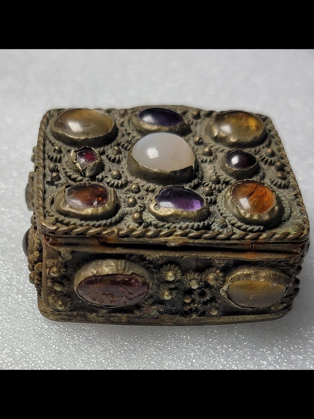 Spanish/Mexican Hinged Box Early 1900's with bezel set semi precious stones.